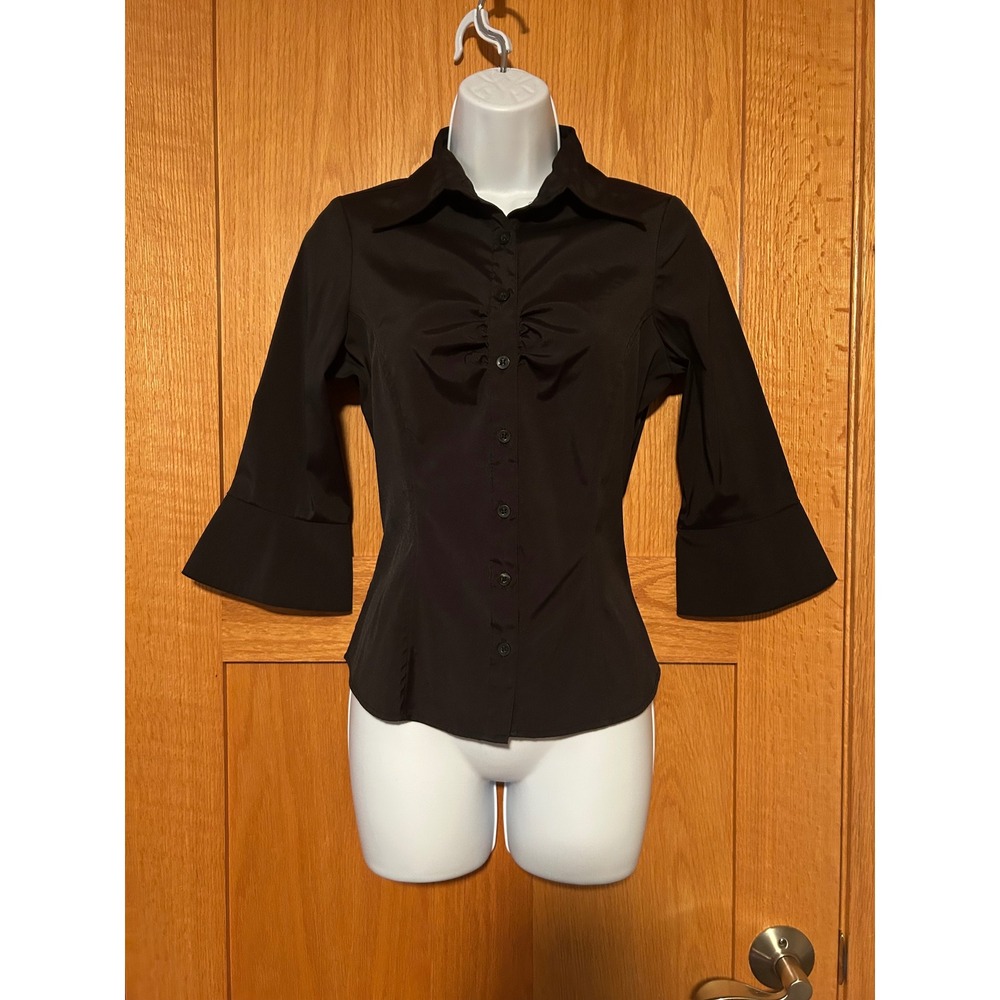 Vintage 90s Cotton Express Black Blouse Flared Split Cuff 3/4 Sleeve Top Medium